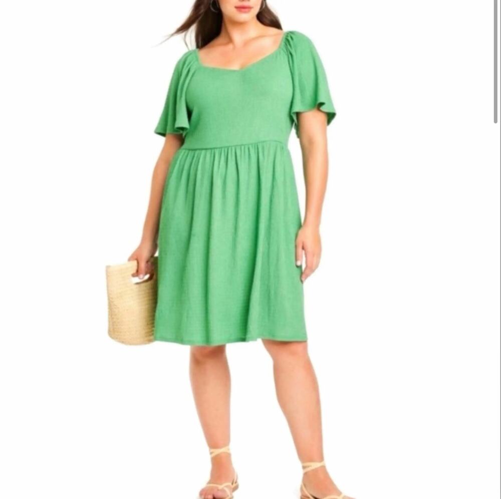 Ava & Viv Green Textured A Line Flutter Sleeve Dress Plus Size 3X Pockets